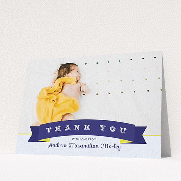 A baby card called "Big Banner". It is an A6 card in a landscape orientation. It is a photographic baby card with room for 1 photo. "Big Banner" is available as a flat card, with tones of navy blue and white.