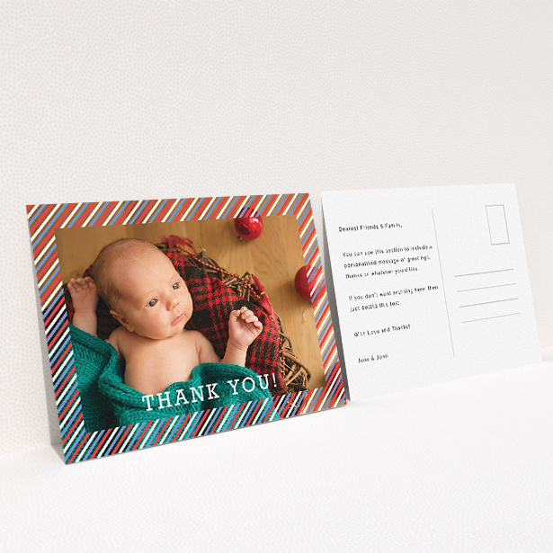 A baby card design named "Blue, Red and White Slant". It is an A5 card in a landscape orientation. It is a photographic baby card with room for 1 photo. "Blue, Red and White Slant" is available as a flat card, with mainly red colouring.