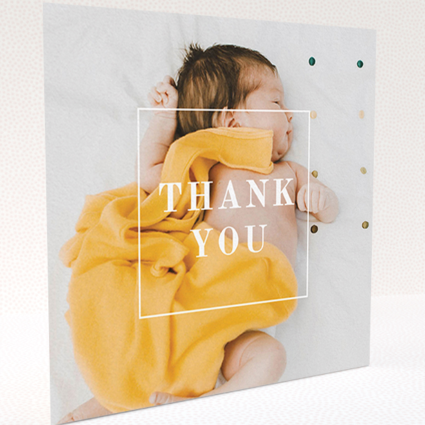 A baby card named "Central Thanks". It is a square (148mm x 148mm) card in a square orientation. It is a photographic baby card with room for 1 photo. "Central Thanks" is available as a folded card, with mainly white colouring.