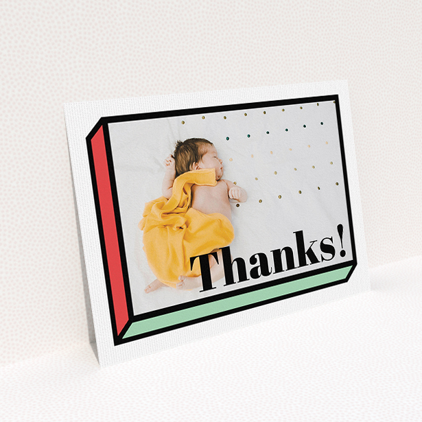 A baby card named "Chip Off The Old Block". It is an A5 card in a landscape orientation. It is a photographic baby card with room for 1 photo. "Chip Off The Old Block" is available as a flat card, with tones of green and red.