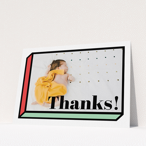 A baby card named "Chip Off The Old Block". It is an A5 card in a landscape orientation. It is a photographic baby card with room for 1 photo. "Chip Off The Old Block" is available as a flat card, with tones of green and red.