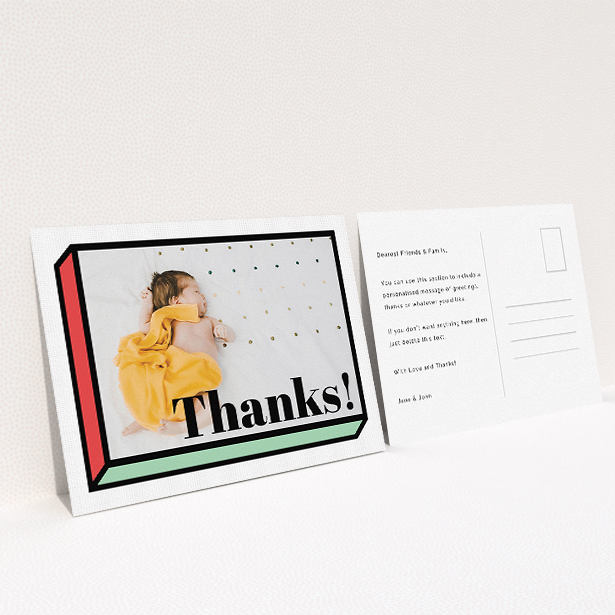 A baby card named "Chip Off The Old Block". It is an A5 card in a landscape orientation. It is a photographic baby card with room for 1 photo. "Chip Off The Old Block" is available as a flat card, with tones of green and red.