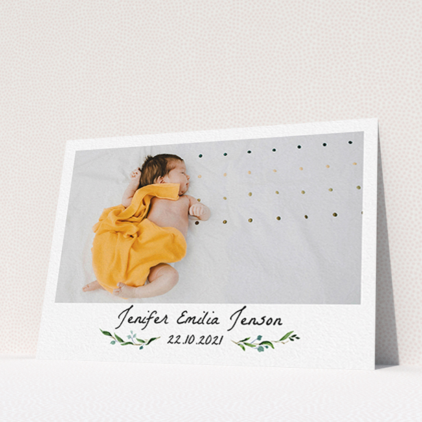 A baby card design called "Classic Floral". It is an A6 card in a landscape orientation. It is a photographic baby card with room for 1 photo. "Classic Floral" is available as a flat card, with tones of black and white.
