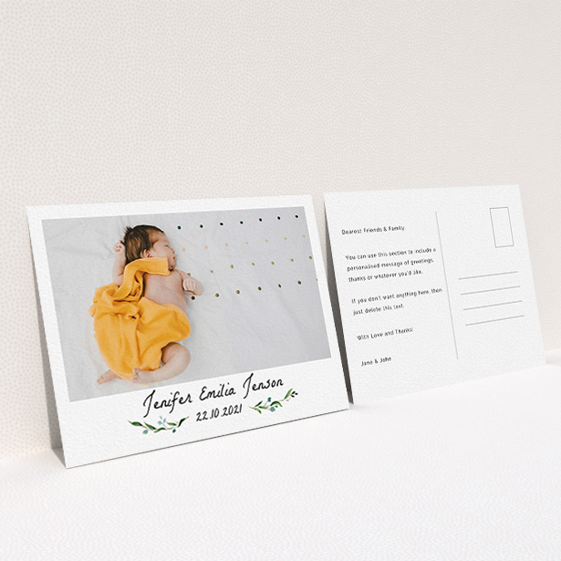 A baby card design called "Classic Floral". It is an A6 card in a landscape orientation. It is a photographic baby card with room for 1 photo. "Classic Floral" is available as a flat card, with tones of black and white.
