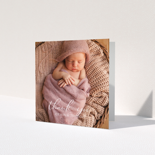 A baby card template titled 'Classic Thank You'. It is a square (148mm x 148mm) card in a square orientation. It is a photographic baby card with room for 1 photo. 'Classic Thank You' is available as a folded card, with mainly white colouring.