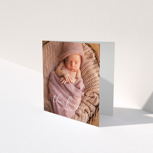 A baby card template titled "Classic Thank You". It is a square (148mm x 148mm) card in a square orientation. It is a photographic baby card with room for 1 photo. "Classic Thank You" is available as a folded card, with mainly white colouring.
