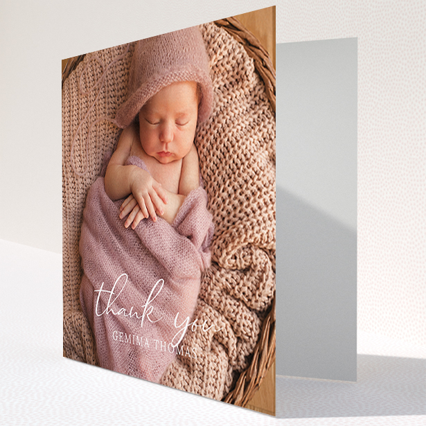 A baby card template titled "Classic Thank You". It is a square (148mm x 148mm) card in a square orientation. It is a photographic baby card with room for 1 photo. "Classic Thank You" is available as a folded card, with mainly white colouring.