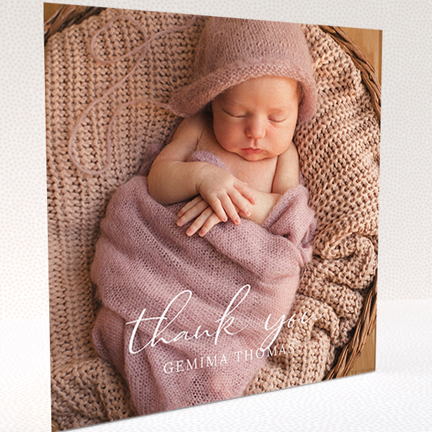 A baby card template titled "Classic Thank You". It is a square (148mm x 148mm) card in a square orientation. It is a photographic baby card with room for 1 photo. "Classic Thank You" is available as a folded card, with mainly white colouring.