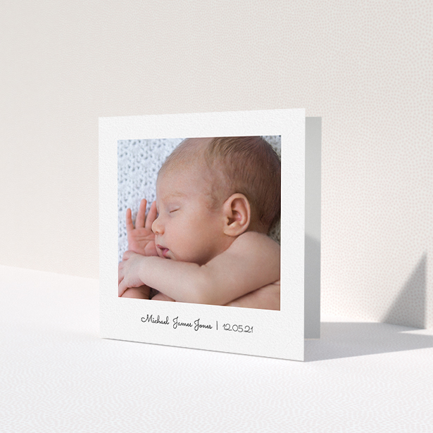A baby card named 'Classic Thank You with Photo'. It is a square (148mm x 148mm) card in a square orientation. It is a photographic baby card with room for 1 photo. 'Classic Thank You with Photo' is available as a folded card, with mainly white colouring.