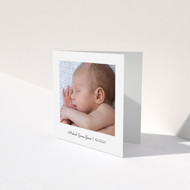 A baby card named "Classic Thank You with Photo". It is a square (148mm x 148mm) card in a square orientation. It is a photographic baby card with room for 1 photo. "Classic Thank You with Photo" is available as a folded card, with mainly white colouring.