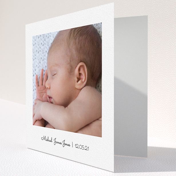 A baby card named "Classic Thank You with Photo". It is a square (148mm x 148mm) card in a square orientation. It is a photographic baby card with room for 1 photo. "Classic Thank You with Photo" is available as a folded card, with mainly white colouring.