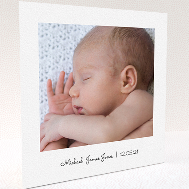 A baby card named "Classic Thank You with Photo". It is a square (148mm x 148mm) card in a square orientation. It is a photographic baby card with room for 1 photo. "Classic Thank You with Photo" is available as a folded card, with mainly white colouring.