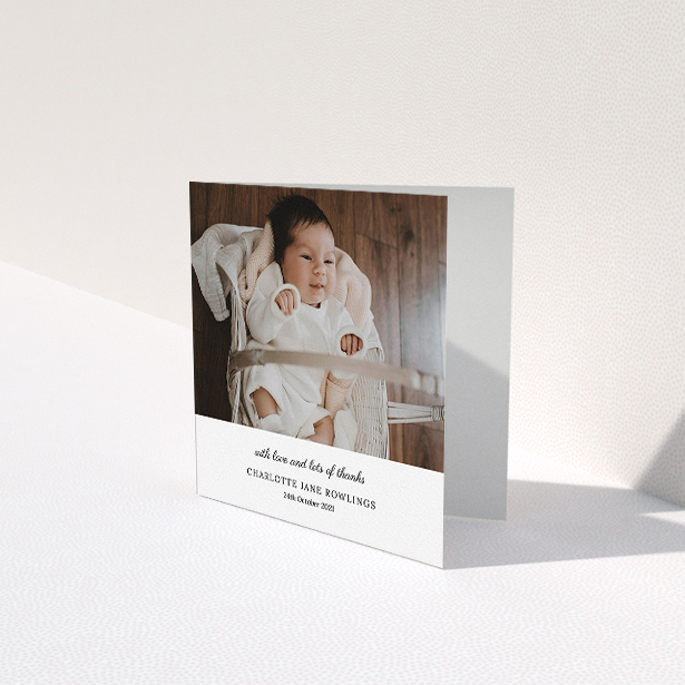 A baby card template titled "Classic Wedding Thanks". It is a square (148mm x 148mm) card in a square orientation. It is a photographic baby card with room for 1 photo. "Classic Wedding Thanks" is available as a folded card, with mainly white colouring.