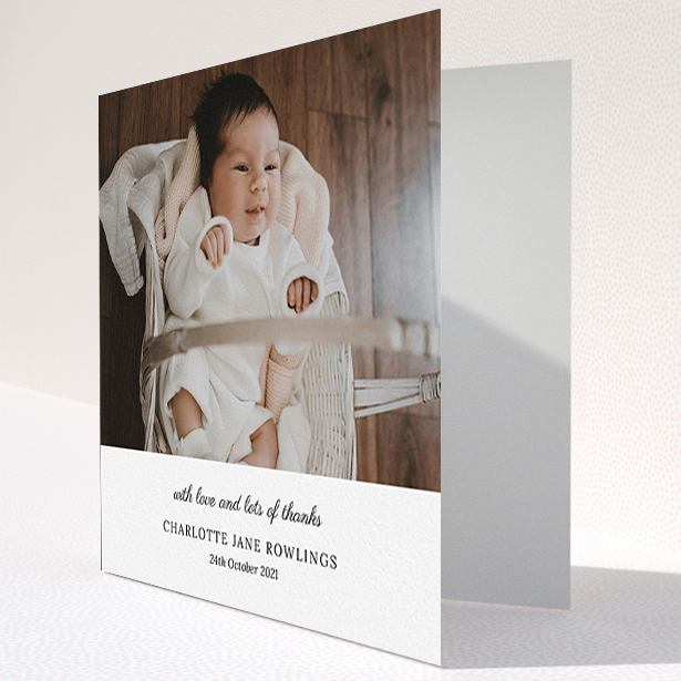A baby card template titled "Classic Wedding Thanks". It is a square (148mm x 148mm) card in a square orientation. It is a photographic baby card with room for 1 photo. "Classic Wedding Thanks" is available as a folded card, with mainly white colouring.