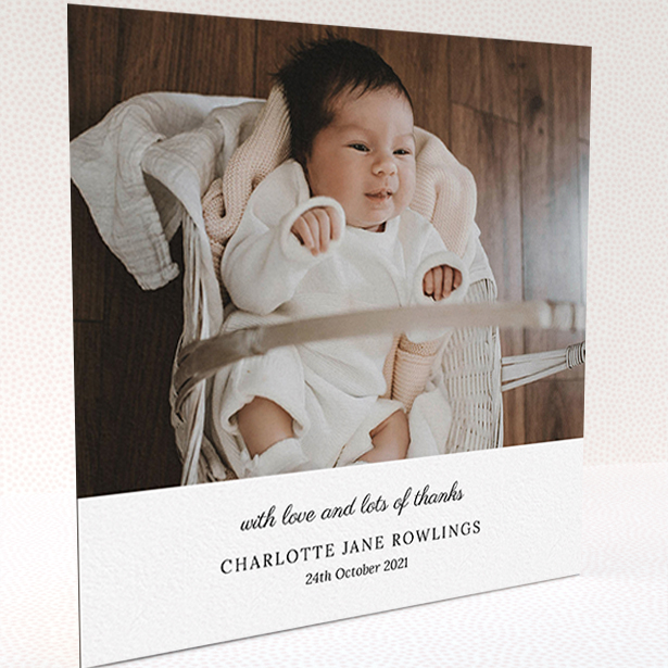 A baby card template titled "Classic Wedding Thanks". It is a square (148mm x 148mm) card in a square orientation. It is a photographic baby card with room for 1 photo. "Classic Wedding Thanks" is available as a folded card, with mainly white colouring.