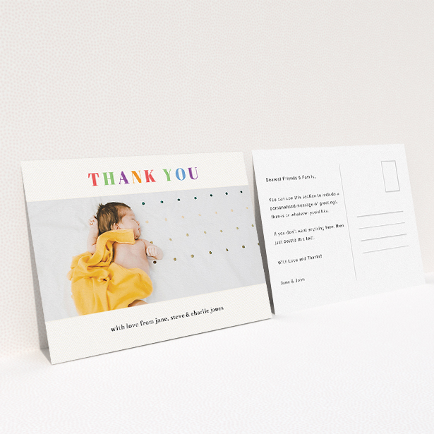 A baby card template titled "Colourful Thanks". It is an A5 card in a landscape orientation. It is a photographic baby card with room for 1 photo. "Colourful Thanks" is available as a flat card, with tones of white and green.