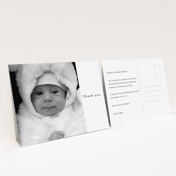 A baby card design titled "Most of the Page Frame". It is an A6 card in a landscape orientation. It is a photographic baby card with room for 1 photo. "Most of the Page Frame" is available as a flat card, with mainly white colouring.