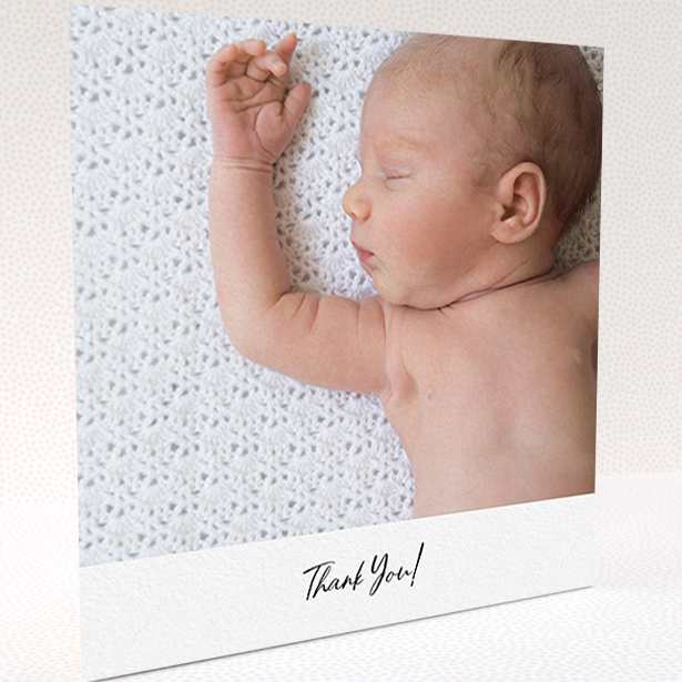A baby card called "Mr & Mrs Footer". It is a square (148mm x 148mm) card in a square orientation. It is a photographic baby card with room for 1 photo. "Mr & Mrs Footer" is available as a folded card, with mainly white colouring.