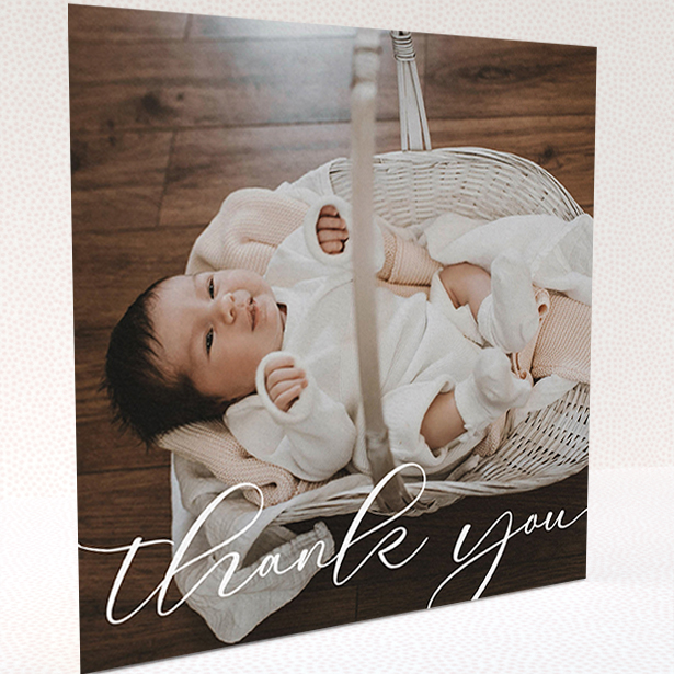 A baby card design called "One Photo". It is a square (148mm x 148mm) card in a square orientation. It is a photographic baby card with room for 1 photo. "One Photo" is available as a folded card, with mainly white colouring.