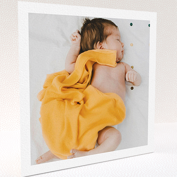 A baby card named "One Photo Thanks". It is a square (148mm x 148mm) card in a square orientation. It is a photographic baby card with room for 1 photo. "One Photo Thanks" is available as a folded card, with mainly white colouring.
