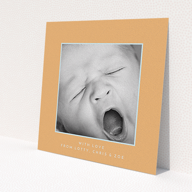 A baby card template titled 'Orange and Mint'. It is a square (148mm x 148mm) card in a square orientation. It is a photographic baby card with room for 1 photo. 'Orange and Mint' is available as a flat card, with tones of orange and blue.