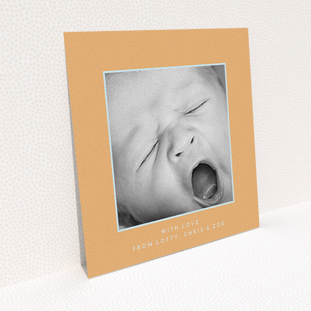 A baby card template titled "Orange and Mint". It is a square (148mm x 148mm) card in a square orientation. It is a photographic baby card with room for 1 photo. "Orange and Mint" is available as a flat card, with tones of orange and blue.