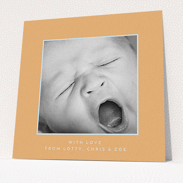 A baby card template titled "Orange and Mint". It is a square (148mm x 148mm) card in a square orientation. It is a photographic baby card with room for 1 photo. "Orange and Mint" is available as a flat card, with tones of orange and blue.