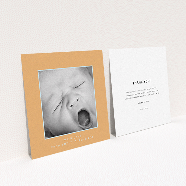 A baby card template titled "Orange and Mint". It is a square (148mm x 148mm) card in a square orientation. It is a photographic baby card with room for 1 photo. "Orange and Mint" is available as a flat card, with tones of orange and blue.