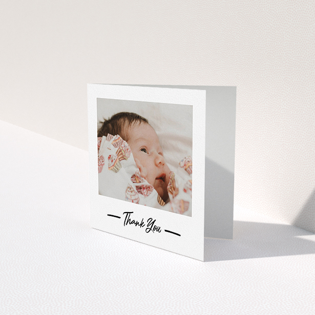 A baby card called "Portrait Thank You Photo". It is a square (148mm x 148mm) card in a square orientation. It is a photographic baby card with room for 1 photo. "Portrait Thank You Photo" is available as a folded card, with mainly white colouring.