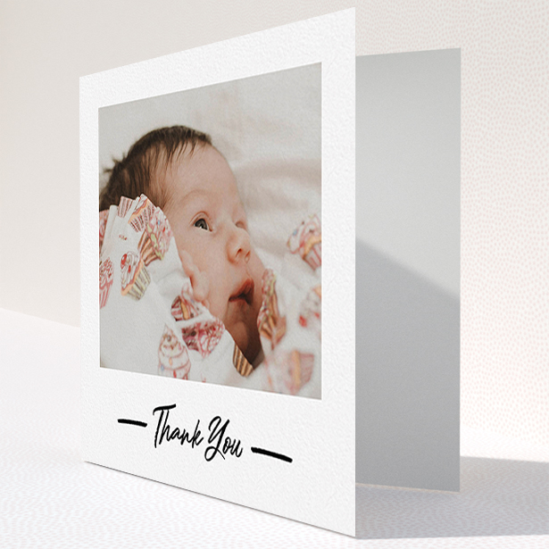 A baby card called "Portrait Thank You Photo". It is a square (148mm x 148mm) card in a square orientation. It is a photographic baby card with room for 1 photo. "Portrait Thank You Photo" is available as a folded card, with mainly white colouring.