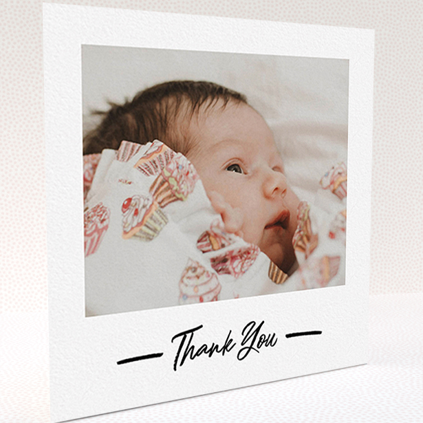 A baby card called "Portrait Thank You Photo". It is a square (148mm x 148mm) card in a square orientation. It is a photographic baby card with room for 1 photo. "Portrait Thank You Photo" is available as a folded card, with mainly white colouring.