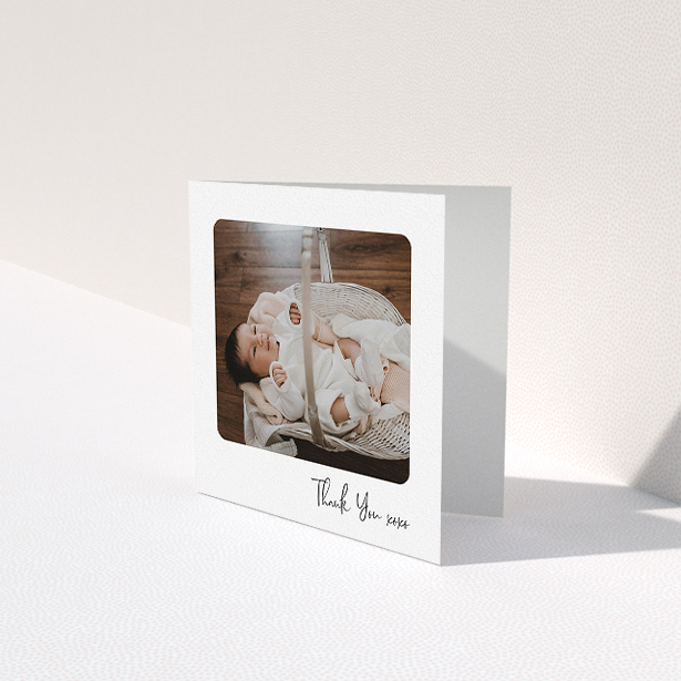 A baby card template titled "Rounded Thanks". It is a square (148mm x 148mm) card in a square orientation. It is a photographic baby card with room for 1 photo. "Rounded Thanks" is available as a folded card, with mainly white colouring.
