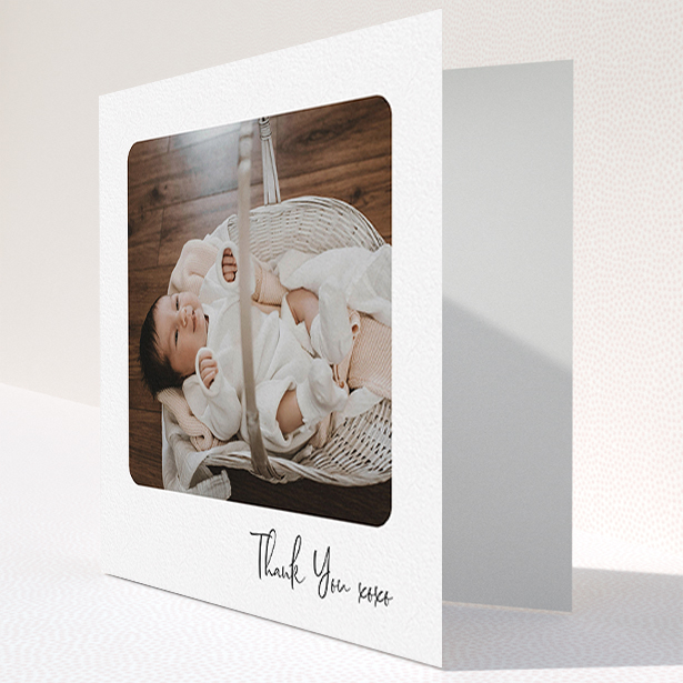 A baby card template titled "Rounded Thanks". It is a square (148mm x 148mm) card in a square orientation. It is a photographic baby card with room for 1 photo. "Rounded Thanks" is available as a folded card, with mainly white colouring.