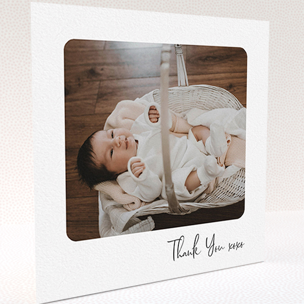 A baby card template titled "Rounded Thanks". It is a square (148mm x 148mm) card in a square orientation. It is a photographic baby card with room for 1 photo. "Rounded Thanks" is available as a folded card, with mainly white colouring.