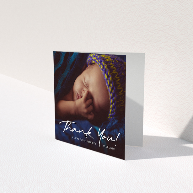 A baby card called "Simple Appreciation". It is a square (148mm x 148mm) card in a square orientation. It is a photographic baby card with room for 1 photo. "Simple Appreciation" is available as a folded card, with mainly white colouring.