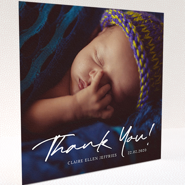 A baby card called "Simple Appreciation". It is a square (148mm x 148mm) card in a square orientation. It is a photographic baby card with room for 1 photo. "Simple Appreciation" is available as a folded card, with mainly white colouring.