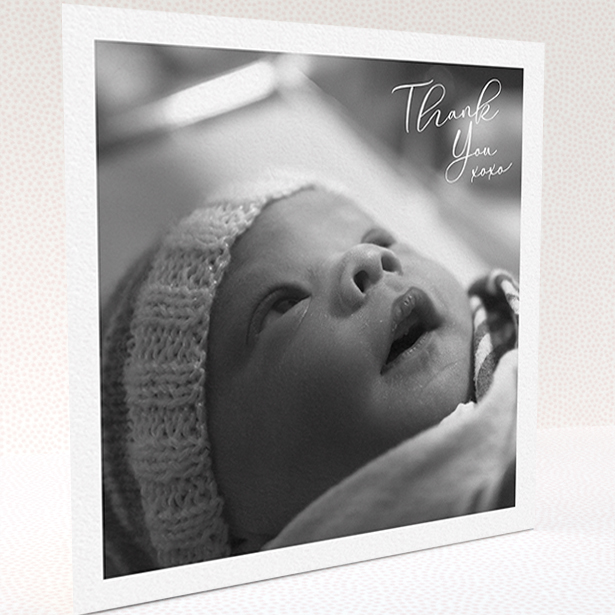A baby card design titled "Simple Landscape Thanks". It is a square (148mm x 148mm) card in a square orientation. It is a photographic baby card with room for 1 photo. "Simple Landscape Thanks" is available as a folded card, with mainly white colouring.
