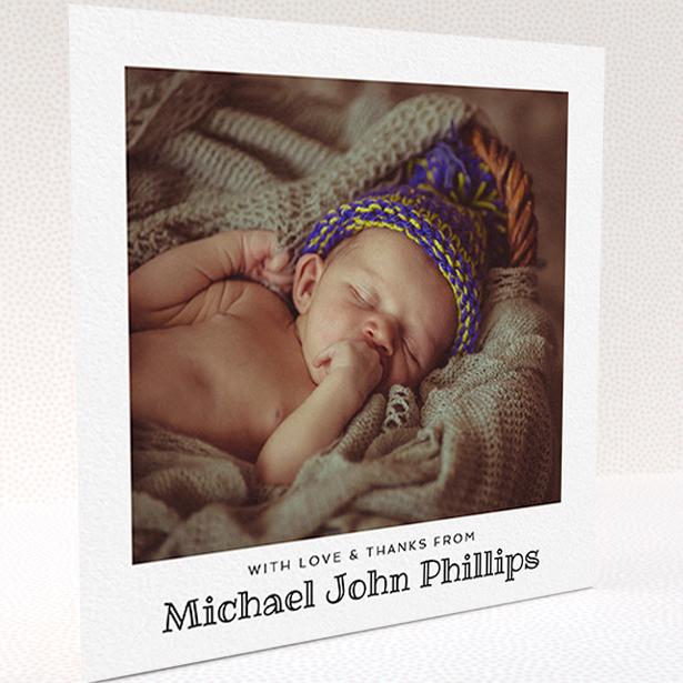A baby card named "Simple Photo Frame". It is a square (148mm x 148mm) card in a square orientation. It is a photographic baby card with room for 1 photo. "Simple Photo Frame" is available as a folded card, with mainly white colouring.