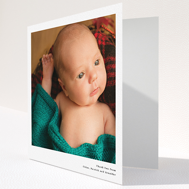 A baby card template titled "Simple Portrait". It is a square (148mm x 148mm) card in a square orientation. It is a photographic baby card with room for 1 photo. "Simple Portrait" is available as a folded card, with mainly white colouring.