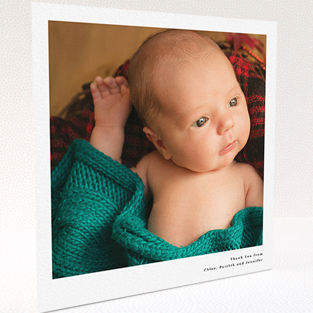 A baby card template titled "Simple Portrait". It is a square (148mm x 148mm) card in a square orientation. It is a photographic baby card with room for 1 photo. "Simple Portrait" is available as a folded card, with mainly white colouring.