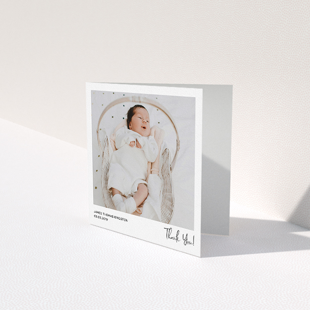 A baby card named "Simple Wedding Thank You". It is a square (148mm x 148mm) card in a square orientation. It is a photographic baby card with room for 1 photo. "Simple Wedding Thank You" is available as a folded card, with mainly white colouring.