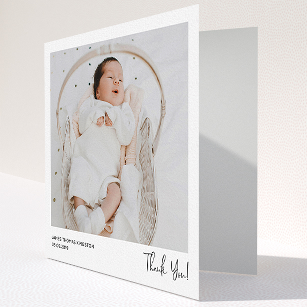 A baby card named "Simple Wedding Thank You". It is a square (148mm x 148mm) card in a square orientation. It is a photographic baby card with room for 1 photo. "Simple Wedding Thank You" is available as a folded card, with mainly white colouring.