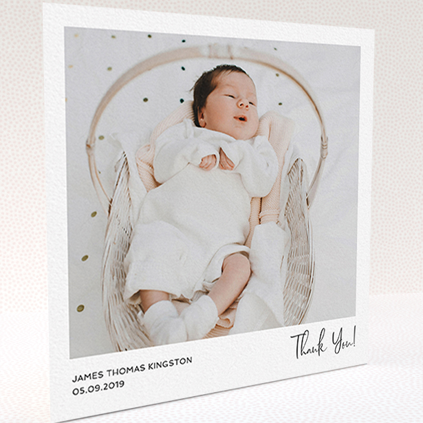 A baby card named "Simple Wedding Thank You". It is a square (148mm x 148mm) card in a square orientation. It is a photographic baby card with room for 1 photo. "Simple Wedding Thank You" is available as a folded card, with mainly white colouring.