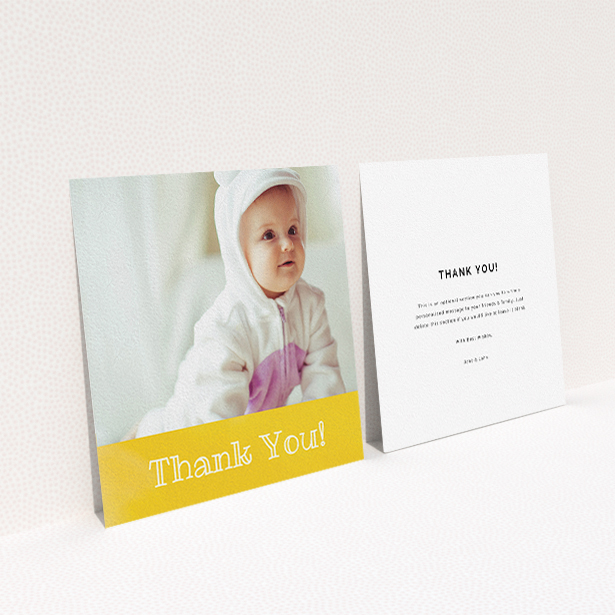 A baby card named "Thanks In Yellow". It is a square (148mm x 148mm) card in a square orientation. It is a photographic baby card with room for 1 photo. "Thanks In Yellow" is available as a flat card, with tones of yellow and white.