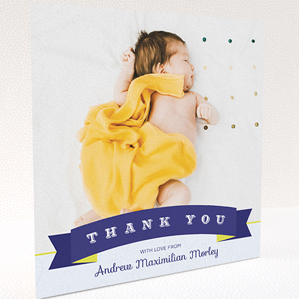 A baby thank you card design titled "Big Banner". It is a square (148mm x 148mm) card in a square orientation. It is a photographic baby thank you card with room for 1 photo. "Big Banner" is available as a folded card, with tones of navy blue and white.