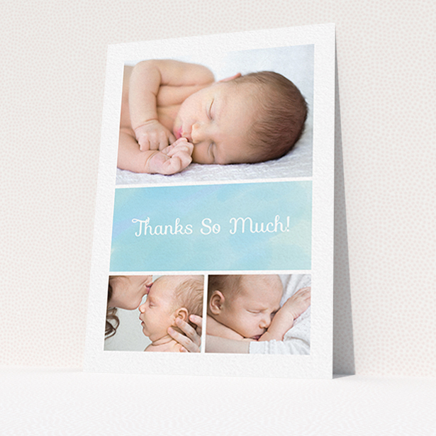 A baby thank you card template titled "Block Tower". It is an A6 card in a portrait orientation. It is a photographic baby thank you card with room for 3 photos. "Block Tower" is available as a flat card, with tones of blue and white.