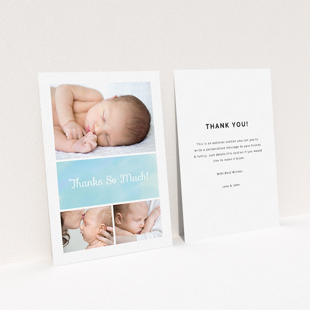 A baby thank you card template titled "Block Tower". It is an A6 card in a portrait orientation. It is a photographic baby thank you card with room for 3 photos. "Block Tower" is available as a flat card, with tones of blue and white.