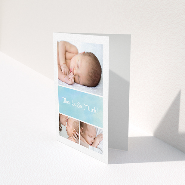 A baby thank you card template titled "Block Tower". It is an A6 card in a portrait orientation. It is a photographic baby thank you card with room for 3 photos. "Block Tower" is available as a folded card, with tones of blue and white.