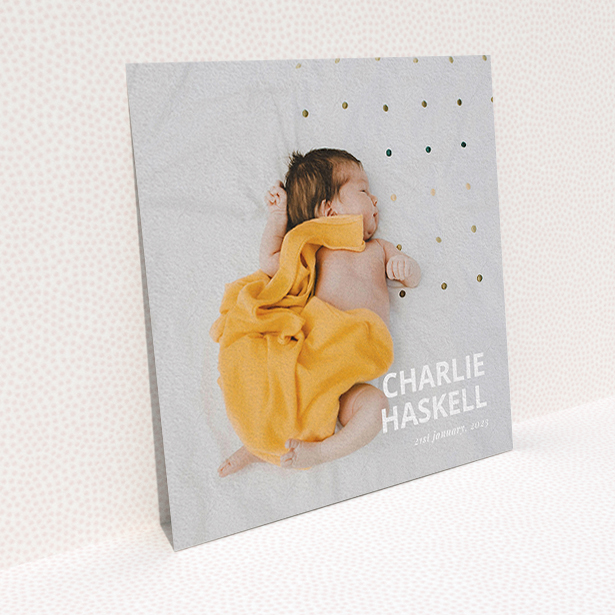 A baby thank you card called "Bold Photo Corner". It is a square (148mm x 148mm) card in a square orientation. It is a photographic baby thank you card with room for 1 photo. "Bold Photo Corner" is available as a flat card, with mainly white colouring.