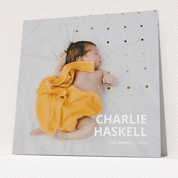A baby thank you card called "Bold Photo Corner". It is a square (148mm x 148mm) card in a square orientation. It is a photographic baby thank you card with room for 1 photo. "Bold Photo Corner" is available as a flat card, with mainly white colouring.